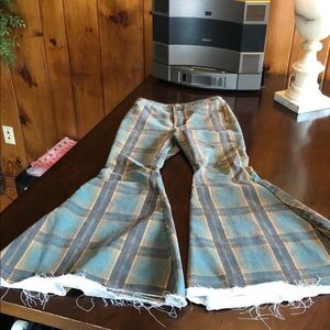 Free People Plaid Flared Pants in Green and Brown